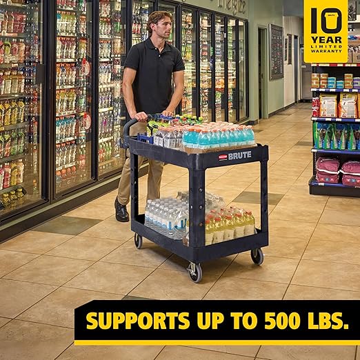Rubbermaid Commercial Products 2-Shelf Utility/Service Cart, Medium, Black, Lipped Shelves, Ergonomic Handle, 500 Lbs Capacity, forfor Warehouse/Garage/Cleaning/Manufacturing