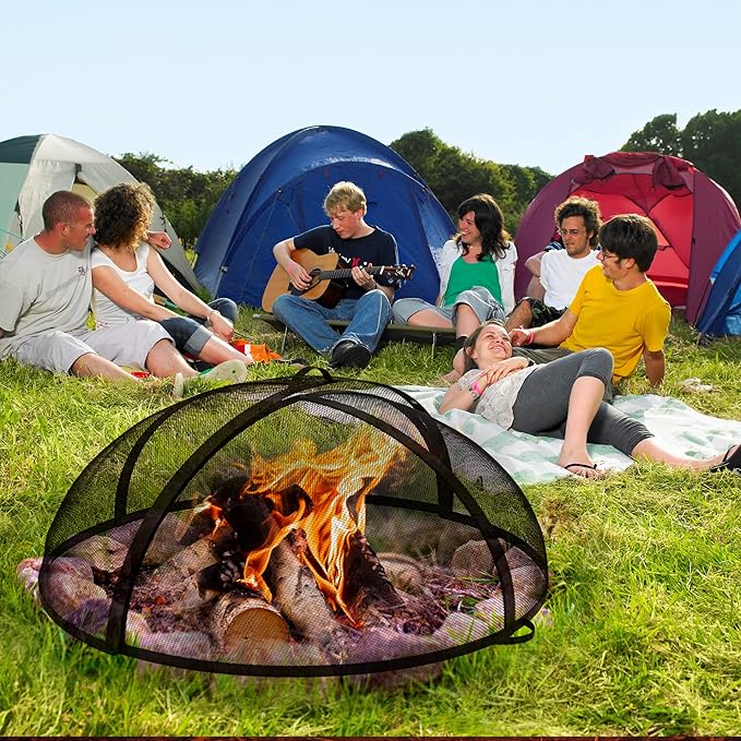 WeCooper 32In Round Fire Pit Spark Screen Cover, Outdoor Patio Easy-Opening FirePit Mesh Screens, Heavy Duty Steel Fire pits Ember Lid with Hinge