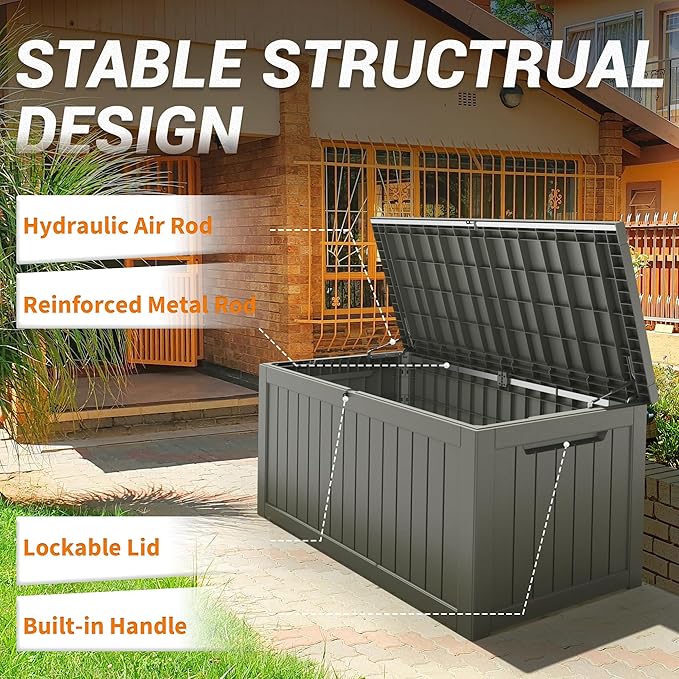 230 Gallon Large Resin deck box Waterproof,Outdoor Storage Bench,Patio Storage Box,Garden Tool Storage,UV-Resistant & All-Weather,Wood-like Striped BLack