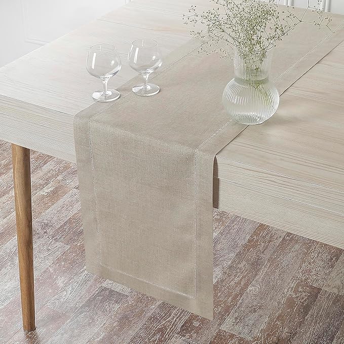 D'Moksha Homes Linen Natural Table Runner 90 Inches Long - Classic Hemstitch 100% Pure Linen Dining Table Runner 14 x 90 Inch for Valentines, Spring, Easter