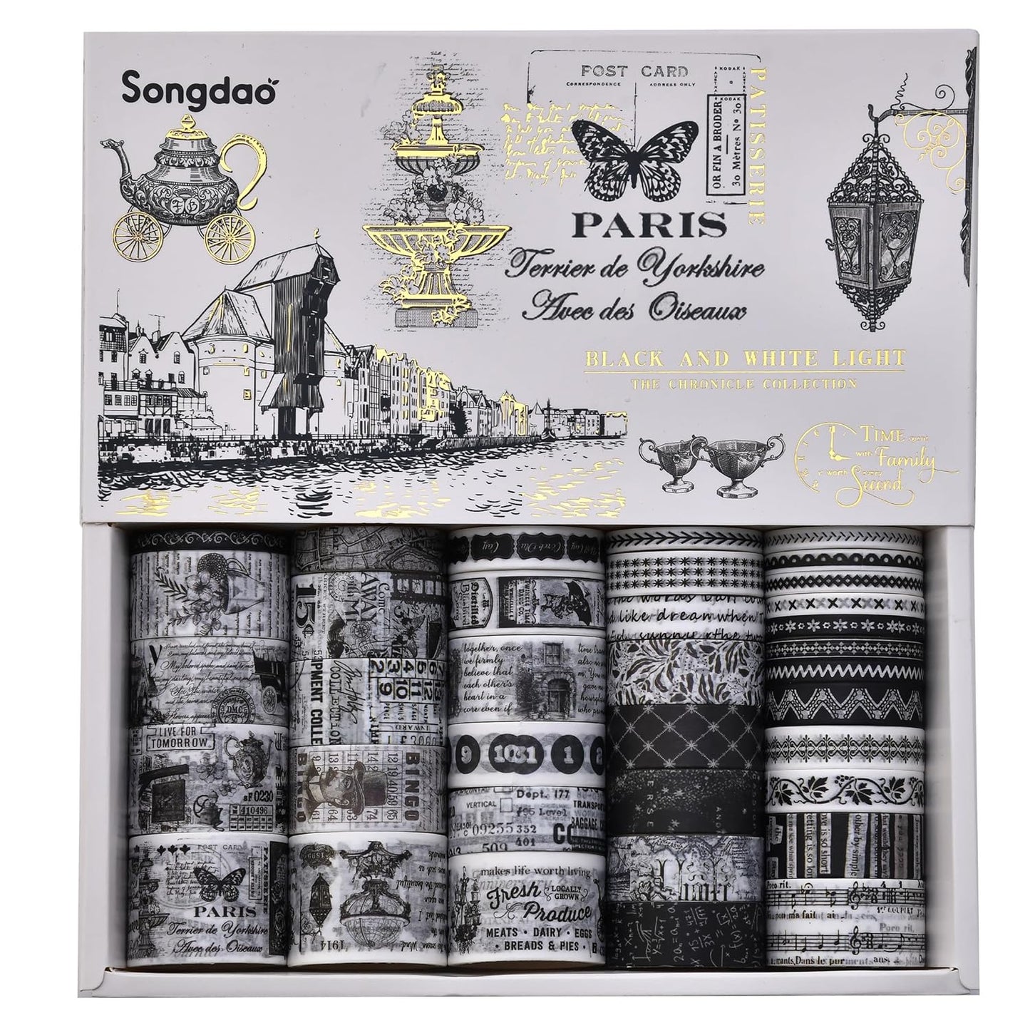 36 Rolls Vintage Washi Tape Pack Retro Arts Adhesive Tapes Wide Chronicle Decorative Masking Tape Sets for Craft, Kids, Scrapbook, DIY, Gift Wrapping (Black & White Light)