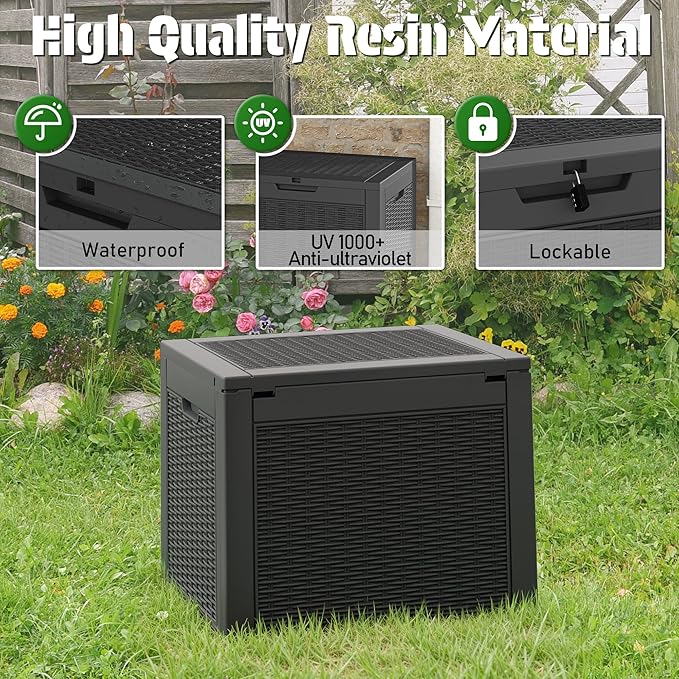31 Gallon Outdoor Storage Deck Box Waterproof,Garden Tool,Backyard Cushion,Poolside Storage,Small Delivery Boxes for Outside,Lockable Lid,Rattan Black