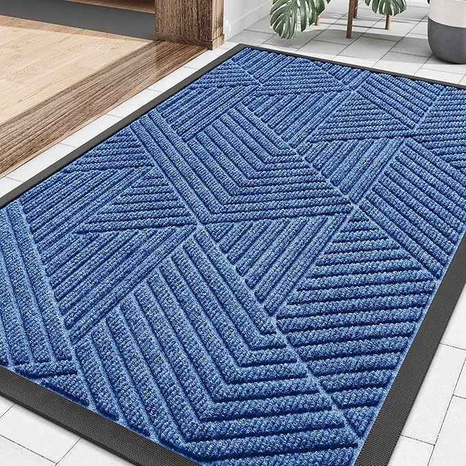 Smiry Front Door Mat Outside Entrance, Heavy Duty Sturdy Natural Rubber Doormat, Trap Dirt and Moisture, Easy Clean Low Profile Mats for Indoor Outdoor Entry, Irregular Triangle (36x24, Blue)