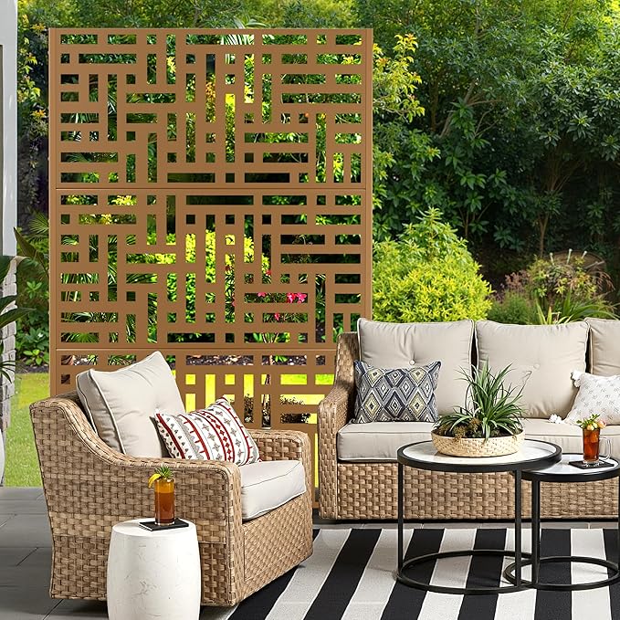 Metal Privacy Screen for Outdoor & Indoor Use, Free Standing Privacy Screen for Patio Garden Pool, 72" H x 47" W Decoative Privacy Panels, Weather Resistant, Easy Assembly (Brown Helen Street)