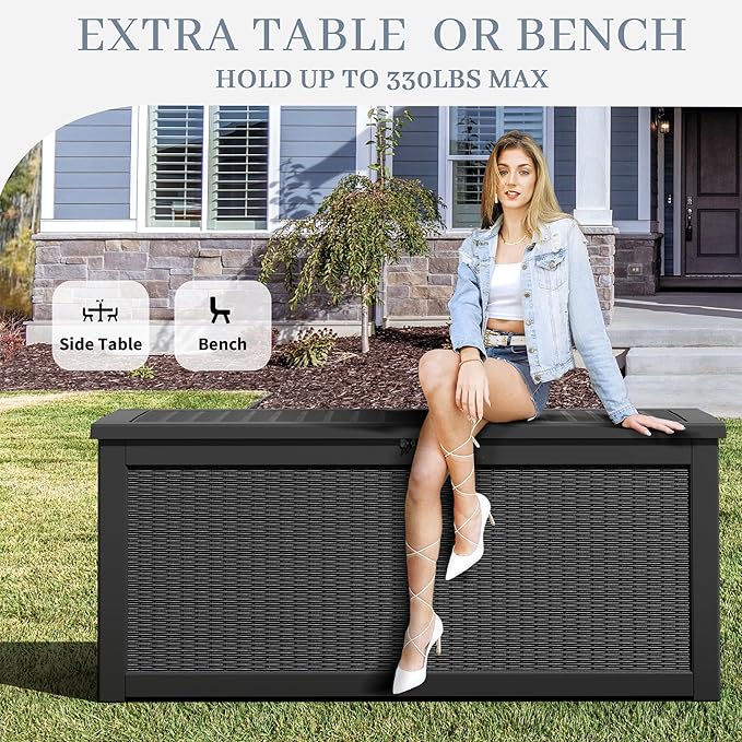 260 Gallon Large Resin deck box Waterproof,Outdoor Storage Bench,Patio Storage Box,Garden Tool Storage,Resin Large Sturdy Deck boxes with Double Wall Panels,Rattan Black