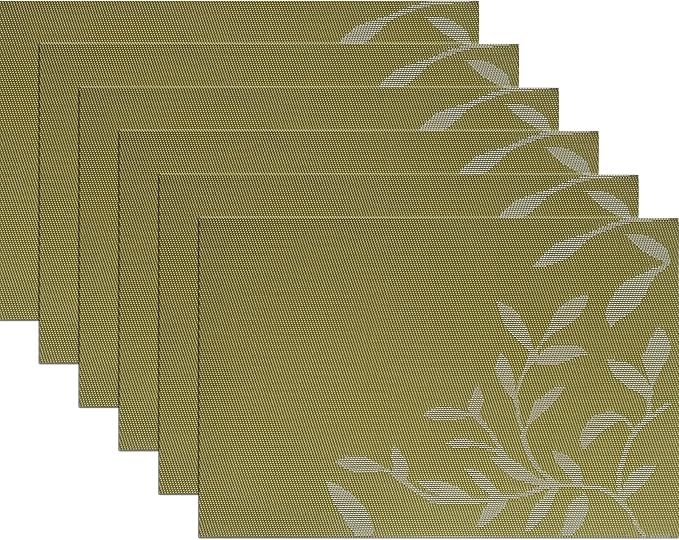 Leaf Placemats Set of 6, Non-Slip Heat-Resistant 18" x 12" Vinyl Washable Placemats for Kitchen Indoor Outdoor Party Birthdays Weddings Decoration (Green)