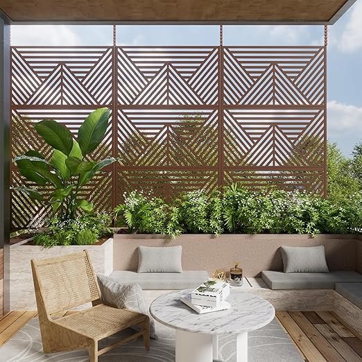Casaphoria 72" H x 47" W Metal Outdoor Privacy Screen, Freestanding Decorative Divider for Patio, Deck, Balcony, and Garden with Stable Base, Brown Zodiac