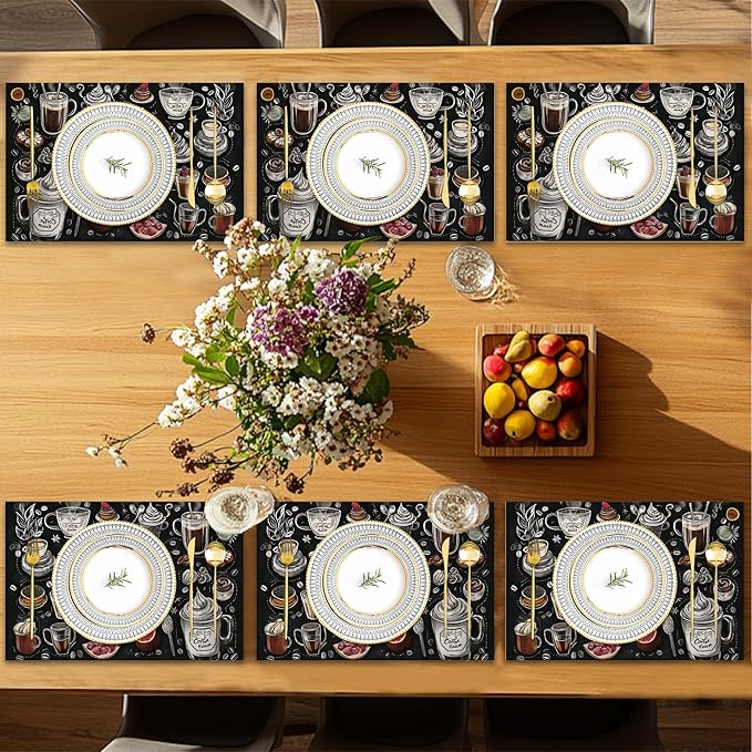 Coffee House Placemats Set of 6,Coffee Menu Table Mates Non-Slip Heat Resistant Washable Linen Place Mats for Party Kitchen Dining Decoration Indoor Outdoor 12"x18"