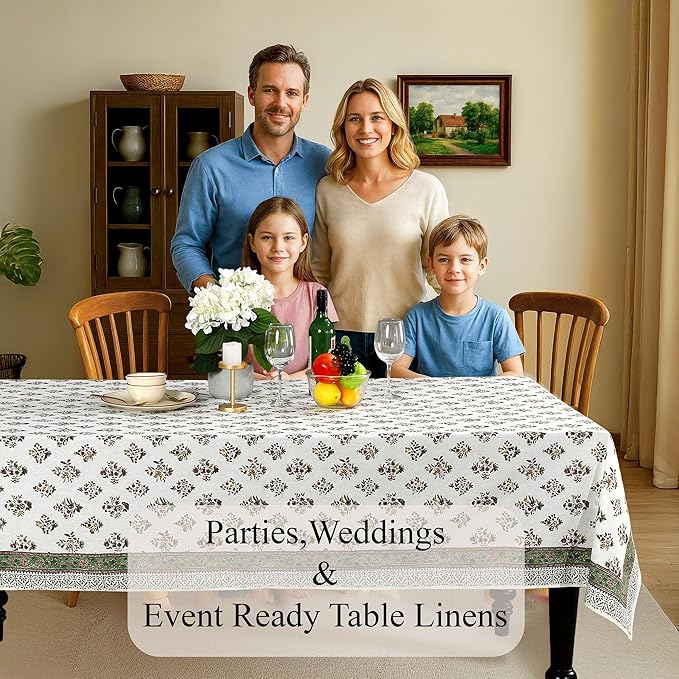 CPC Tablecloth 100% Cotton 60x60 Inch Indian Block Print Square Table Cover, Table Cloth for Weddings, Spring/Summer, Barbeque - Forest Green