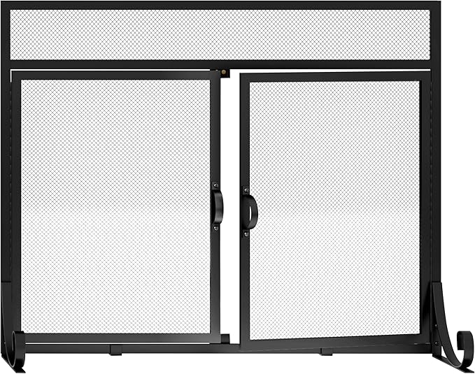 Flat Fireplace Screen with Doors,Solid Wrought Iron Frame with Metal Mesh, Flat Panel Decorative Fireplace Screen with Modern Design, Free Standing Spark Guard