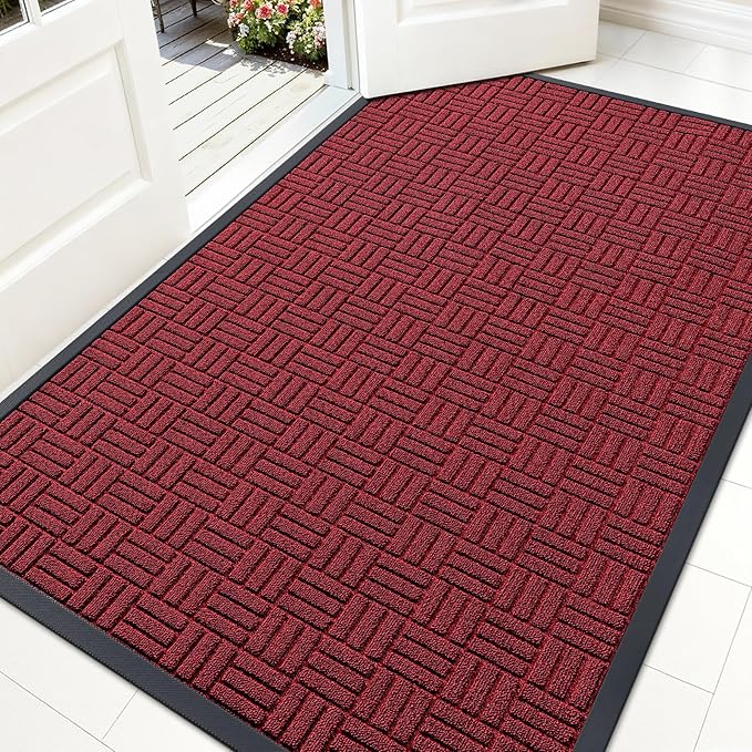 OLANLY Front Door Mat Outside Entrance 59x34, Absorbent, Heavy Duty Sturdy Natural Rubber Doormat Indoor Outdoor, Non-Slip, Stain and Fade Resistant, Low Profile Floor Mat for Entryway, Black Red