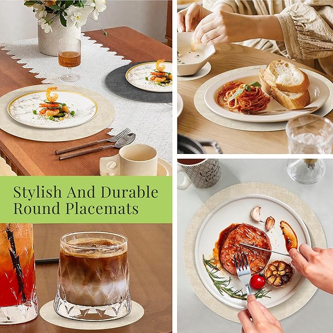 13-Inch Faux Leather Round Placemats Set of 12, Waterproof Anti-Slip Dual Sided Place mats, Heat Resistant Washable Table Mats with Coaster, Suitable for Indoor & Outdoor (12, Black Beige)