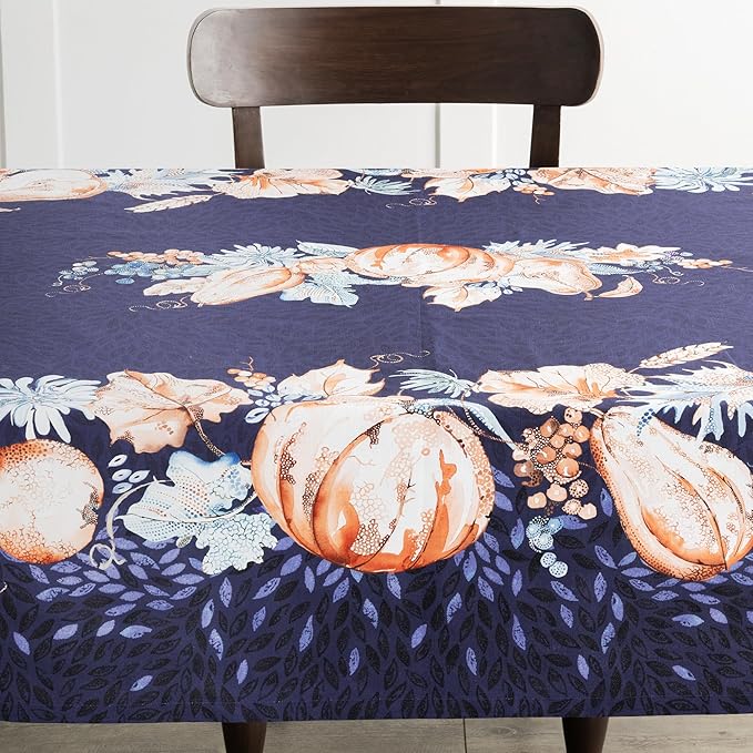Maison d' Hermine Table Cloth Rectangle Table 100% Cotton 70 x 120 Inches Fall Tablecloth Reusable Everyday Use for Thanksgiving Christmas Decorations Dining Farmhouse Party (Pumpkin Blues)