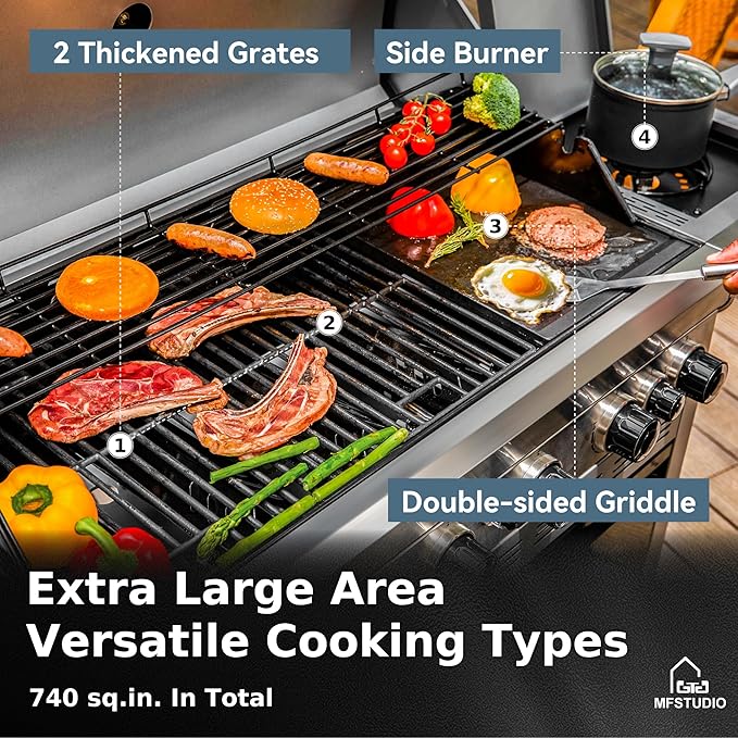 MFSTUDIO 7 Burner BBQ Gas Propane Grill with Searing Side Burner, Porcelain-Enameled Cast Iron Grates and Dual-Side Griddle Combo for Outdoor Barbecue Cooking