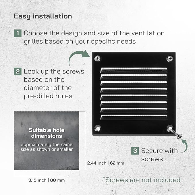 Vent Systems 4'' x 4'' Inch (Overall Dimensions) Pack of 2 - Black - Air Vent Cover Metal Air Return Grill with Built in Pest Guard Screen HVAC Vent Duct Cover for Home Improvement