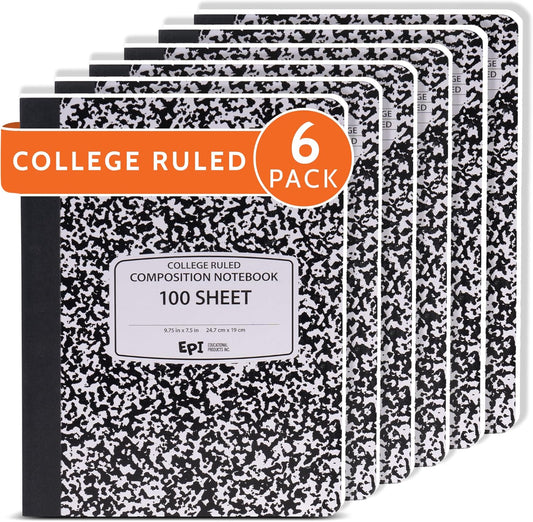 EPI Marble Hardcover College Ruled Composition Notebook | 200 Pages (100 Sheets), 9.75 x 7.5 in, Sturdy Sewn Binding | School, Office, Journaling, Notes - 6 Pack
