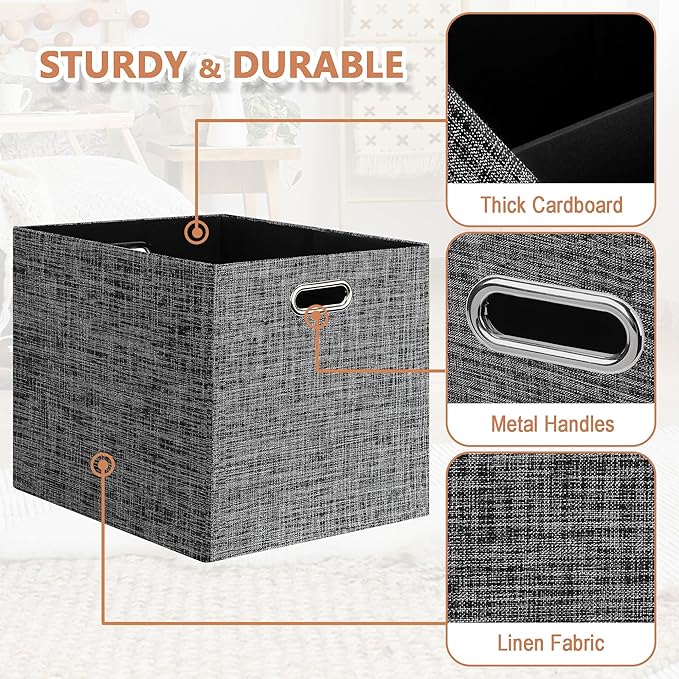 Posprica 13x15x13in Collapsible Storage Bins, Fabric Foldable Cube Storage Boxes, Decorative Storage Baskets Organizer for IKEA Kallax, Shelves, Closet, Clothes, Toy, Set of 4-Black