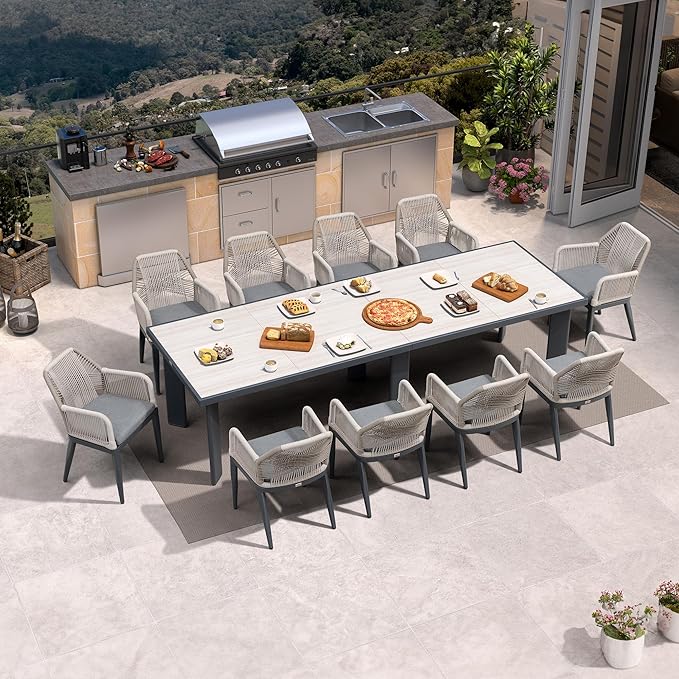 PURPLE LEAF 11 Pieces Patio Dining Set Aluminum Modern Rectangular Table and Rattan Arm Chairs with Cushions for Kitchen Porch Garden Outdoor Furniture Sets, Beige and Dark Grey