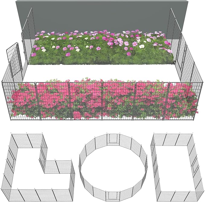 FXW Garden Fence Outdoor for The Yard – 50in(H) x 41.7ft(L) Heavy Duty Metal Animal Barrier for Dog and Rabbit, Decorative Dog Fence, 16 Panels, Silver