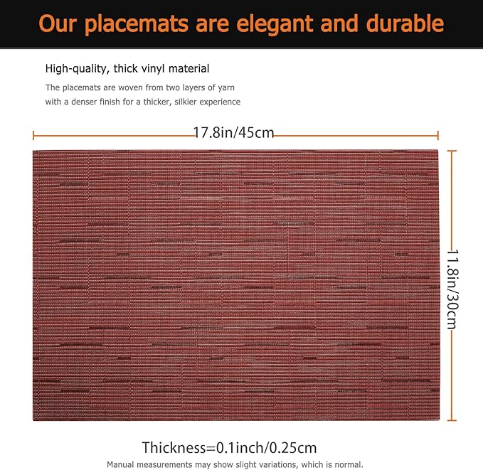 Placemats Set of 12 Washable&Wipeable Place mats for Dining Table Kitchen Indoor Outdoor Table Mats Heat Resistant Non Slip Woven Vinyl Table Placemats (Red，12PCS)