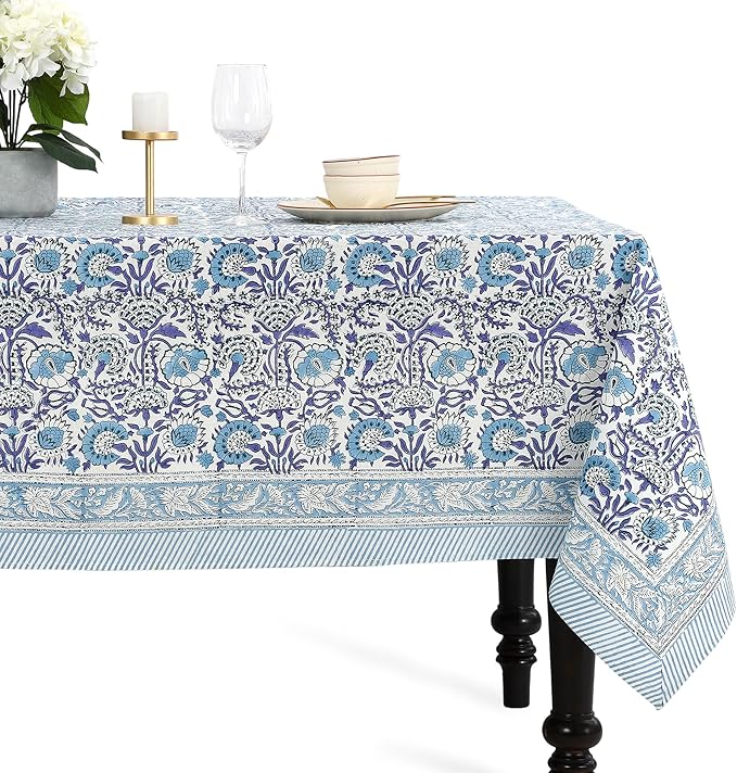 CPC Tablecloth 100% Cotton 60x60 Inch Indian Block Print Square Table Cover, Table Cloth for Weddings, Spring/Summer, Barbeque - Indigo Blue
