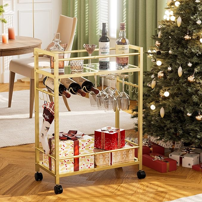 Bar Cart, Serving Cart for Home, Microwave Cart, Drink Cart, Wine Cart with 2 Mirrored Shelves, Wine Holders, Glass Holders, for Kitchen, Dining Room(Gold)