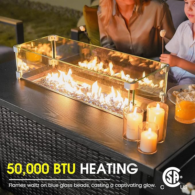 Sundale Outdoor 52 Inch Outdoor Fire Pit Table, 50,000 BTU Propane Fire Pits with Storage Shelf, Glass Wind Guard and Lid, Wicker Patio Gas Fire Pit for Outside Patio and Garden, CSA-Listed(Grey)