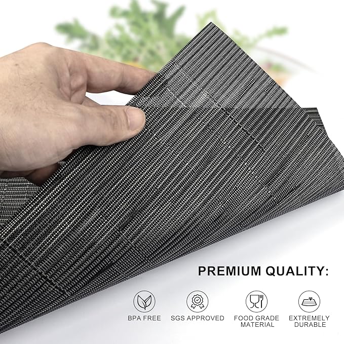 Table Mats Set of 8,Vinyl Table Place Mats Stain Resistant Foldable Placemats Washable Wipeable Placemat for Kitchen Dining Table Decoration Indoor Outdoor (Dark Grey)