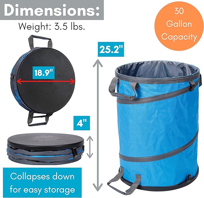 BIRDROCK HOME Collapsible Lawn and Leaf Waste Bag with Lid - 30 Gallon - Heavy Duty Reusable Camping Trash Can - Hardshell Bottom for Yard Debris, Garage Storage - Portable Garden Bin - Blue