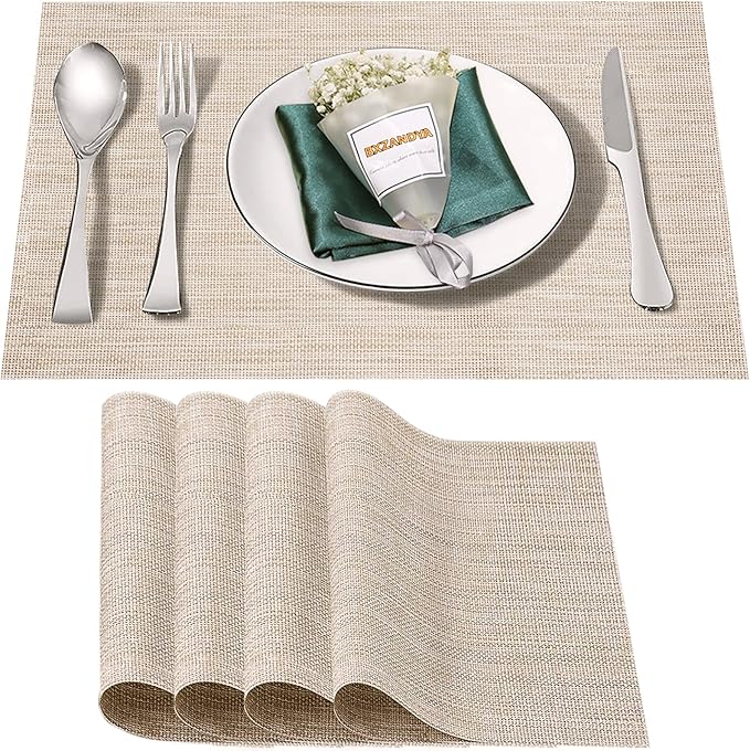 Placemats Set of 4,Washable,Heat and Stain Resistant Indoor/Outdoor Place mats,Vinyl Woven Non Slip Table Mats for Restaurant Table Protection,PVC Placemats(Beige White,4PCS)