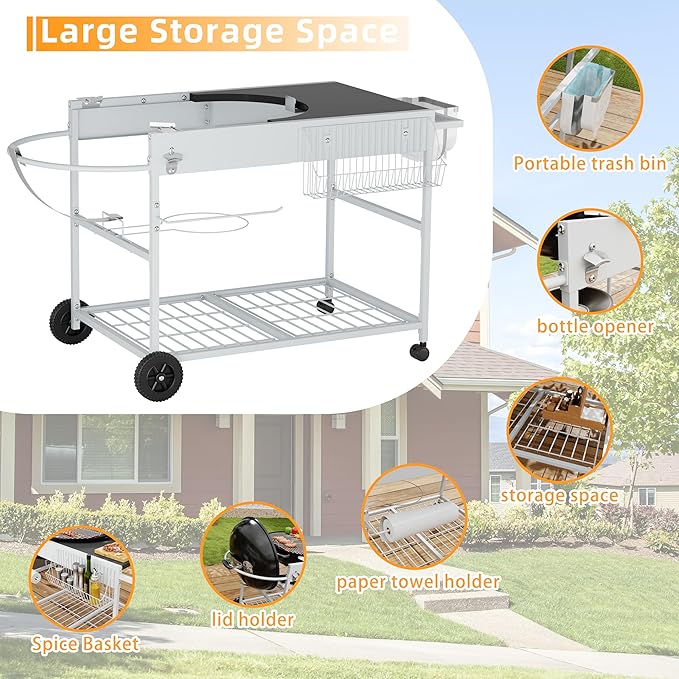 Vongrasig Grill Cart for Weber Kettle 18" & 22", Charcoal Grill Table, Outdoor Kitchen Island with Storage for Jumbo Joe,Master-Touch Charcoal Grill, Silver