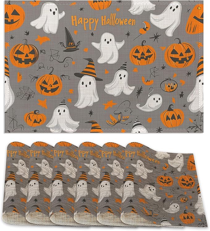 Placemats Set of 6,Pumpking Ghost Table Mats,Halloween Washable Linen Table Mats,Non-Slip Heat Resistant Placemats for Party Kitchen Dining Indoor Outdoor 12"x18"