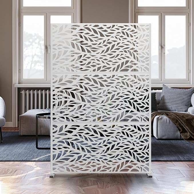 Metal Privacy Screen,72" H47 W,Freestanding Decorative Privacy Screen for Balcony Patio Lawn Garden,Privacy Fence Privacy Panel-White & Leaf