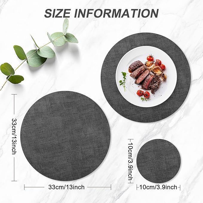 Round Faux Leather Placemats and Coasters, Set of 6, Reversible Heat Resistant Non-Slip Table Mats, Waterproof Wipeable Place Mats for Dining Table, Washable for Indoor & Outdoor (6, Dark Grey)
