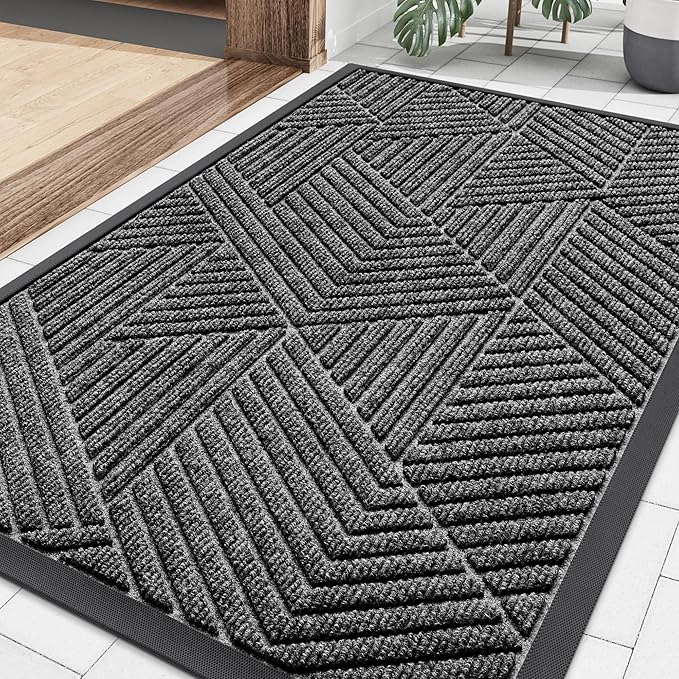 Smiry Front Door Mat Outside Entrance, Heavy Duty Sturdy Natural Rubber Doormat, Trap Dirt and Moisture, Easy Clean Low Profile Mats for Indoor Outdoor Entry, Irregular Triangle (36x24, Silver Grey)