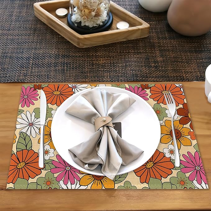 Retro 70s Groovy Flowers Placemats for Dining Table Set of 6,Hippie Daisy Place Mats for Home Party Kitchen Indoor Holiday Rustic Washable Heat Resistant Table Mats 12 x 18 Inch