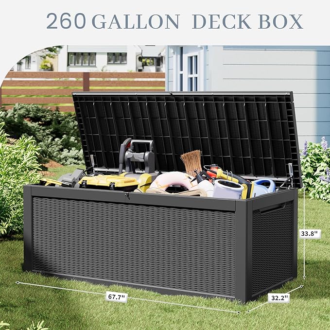 NUNU LAB 260 Gallon Outdoor Storage Box, Large Resin Deck Box with Double Wall Panels, Waterproof Patio Storage Bin for Garden Tools, Pool Accessories, Package Deliveries & Outdoor Gear