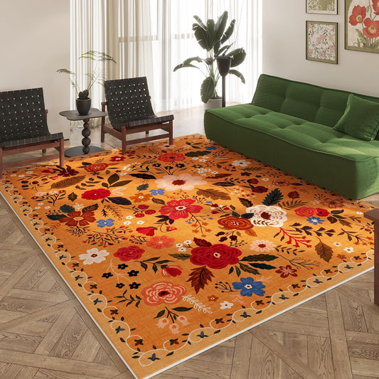 Rugcomf Area Rugs 8x10 Rug for Living Room Clearance Washable Boho Area Rug Non Slip Floral Vintage Low Pile Large Rug for Living Room, Bedroom, Farmhouse, Dining Room, Kids Playroom(Yellow)