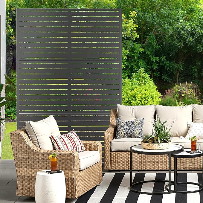 Metal Privacy Screen for Outdoor & Indoor Use, Free Standing Privacy Screen for Patio Garden Pool, 72" H x 47" W Decoative Privacy Panels, Weather Resistant, Easy Assembly (Black Louvered)