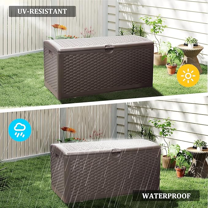 80 Plus Gallon Resin Deck Box, Waterproof Outdoor Storage Box for Patio, Poolside, and Garden, Lockable UV-Resistant Storage Bin Bench Cabinet for Small Spaces, Brown