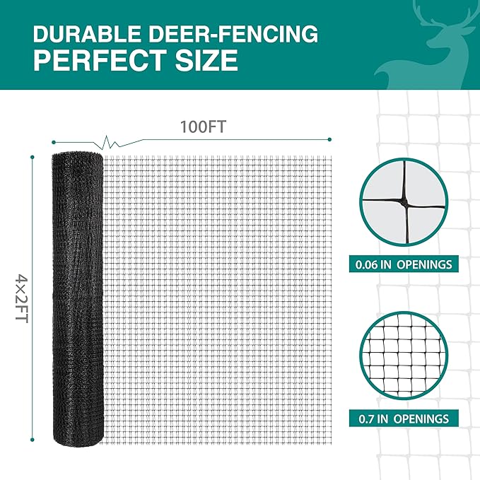 FRUITEAM Deer Fence Netting, 8FT x 100FT Heavy Duty Black PP Coated, Garden Protection Barrier, 0.7"x0.7" 70gr/sqm Mesh, Long-Lasting Yard Garden Fencing Roll