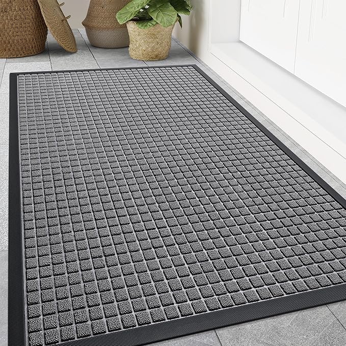 Smiry Front Door Mat Outside Entrance, Heavy Duty Natural Rubber Doormat, Non Slip, Trap Dirt and Moisture, Easy Clean, Low Profile Welcome Floor Mats for Indoor Outdoor Entry, 59x34 Inch, Mix Grey