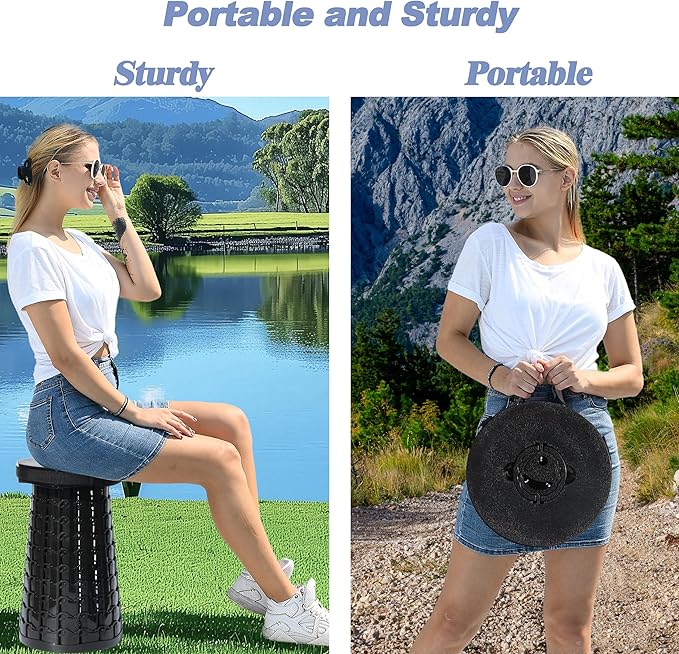 ALEVMOOM XXL Collapsible Stool with Thick Cushion,Taller 19.7" Wider 11.8" Camping Chair More Sturdy Capacity 1000LBS,Portable Telescoping Adjustable Stool for Garden Fishing Hiking BBQ (Large Black)