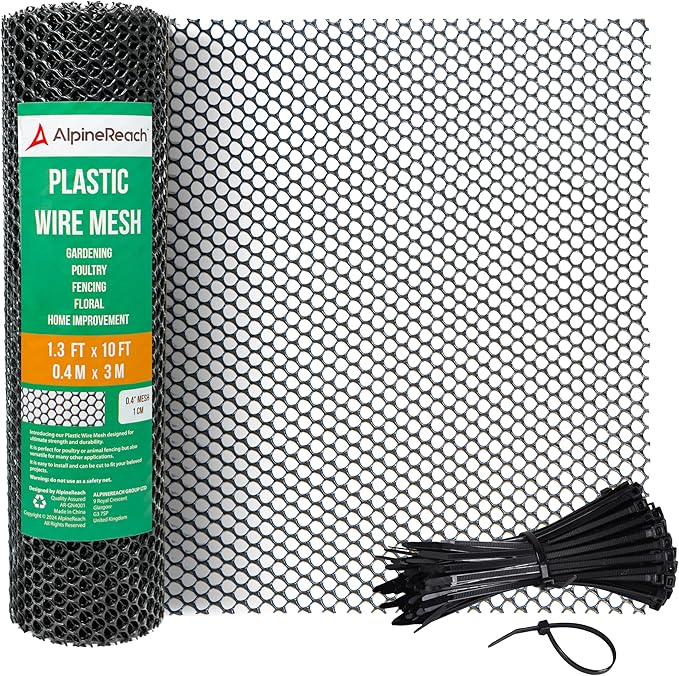 AlpineReach Plastic Wire Mesh 1.3ft x 10ft (15.7" x 120") Fence Roll with Zip Ties - Ideal for Poultry, Dogs, Rabbit Barrier & Gardening, Durable Chicken Mesh, Versatile Rigid Fencing & Netting, Black