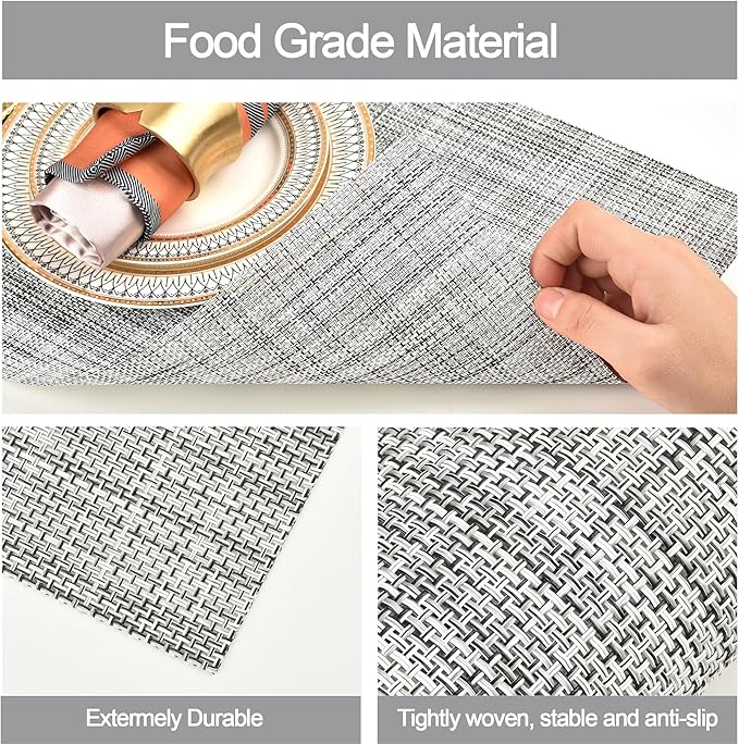 SLKQG Gray Placemats Set of 8 - Easy Clean Washable Vinyl Placemats - Wipeable Heat Resistant Table Mats for Dining Table - 17.7x11.8 Inch (8, Gray Black White)