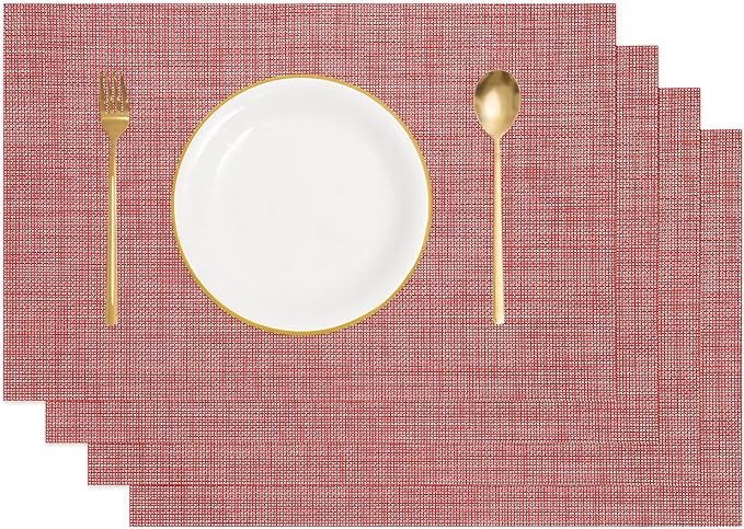 uxcell Faux Linen Placemats, 12x18 Inch Heat Resistant Place Mats Machine Washable Non-Slip Cloth Placemats for Dining Table Kitchen Indoor Outdoor Home Decoration(Red,4Pcs)