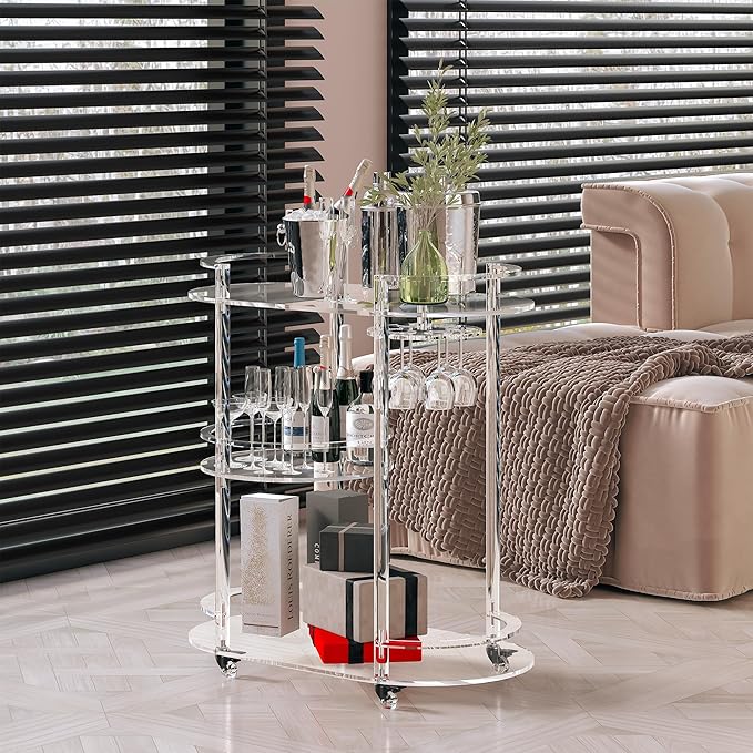 Dethan Acrylic Bar Cart with 4 Lockable Wheels, Clear 3-Tier Rolling Serving Cart with Glass Holder, Oval Modern Home Beverage for Kitchen, Dining Living Room, Space-Saving, 15" D x 23.6" W x 32.3" H