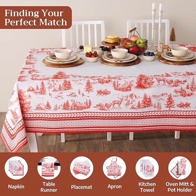 Maison d' Hermine Table Cloth Rectangle Table 100% Cotton 70 x 120 Inches Fall Tablecloth Reusable Everyday Use for Thanksgiving Christmas Decorations Dining Farmhouse Party (Winter Jouy)