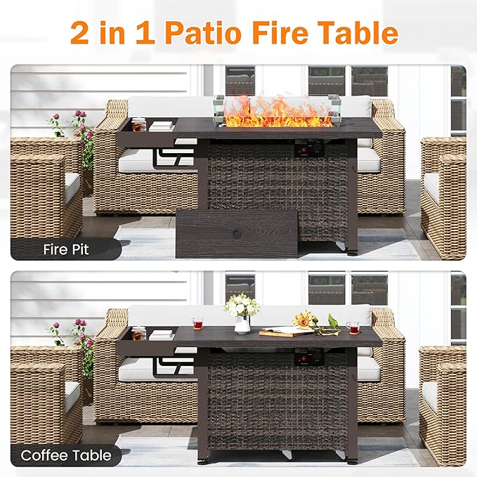 52 Inch Wicker Patio Fire Table, 50,000BTU Propane Fire Pit Table with Glass Wind Guard, Side Basket, Cover and CSA Certified, Outdoor Fire Pit for Garden, Backyard, Balcony, Poolside, Brown