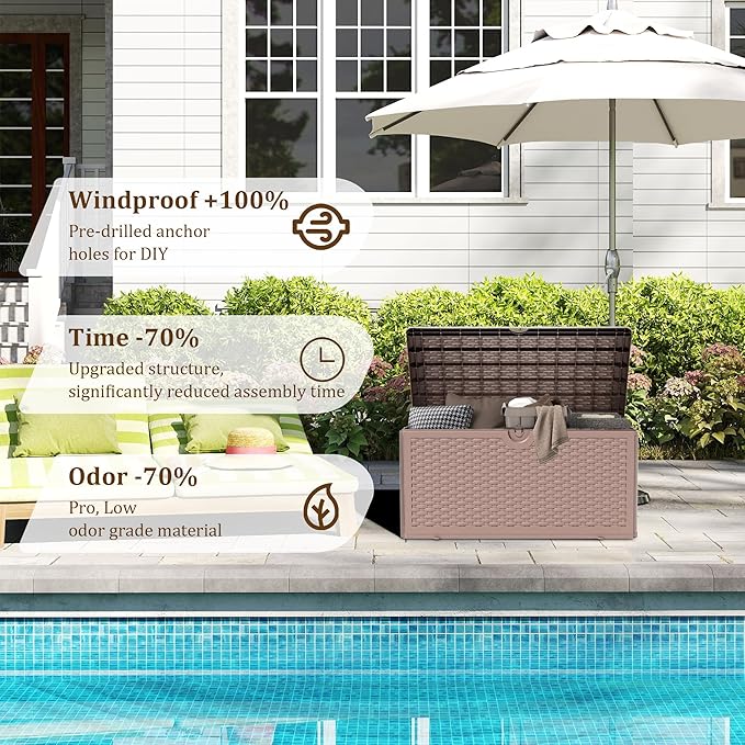 80 Plus Gallon Resin Deck Box, Waterproof Outdoor Storage Box for Patio, Poolside, and Garden, Lockable UV-Resistant Storage Bin Bench Cabinet for Small Spaces, Brown